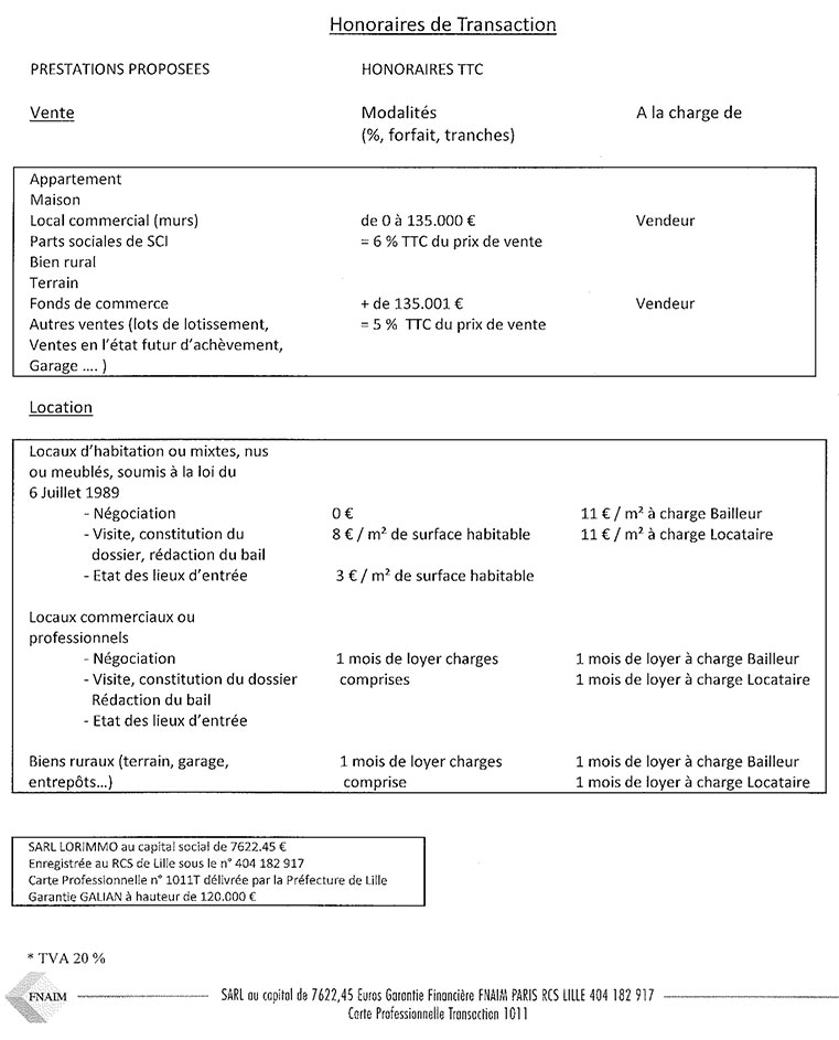 Honoraires Descatoire Erquinghem-Lys