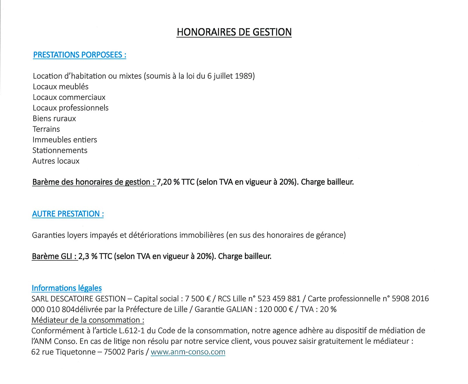 Honoraires gestion Descatoire Erquinghem-Lys
