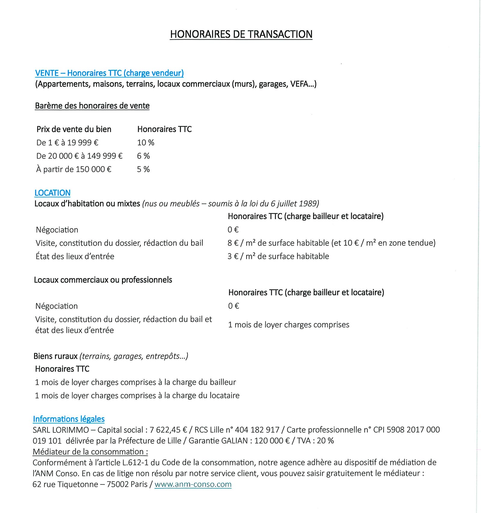 Honoraires transaction Descatoire Erquinghem-Lys